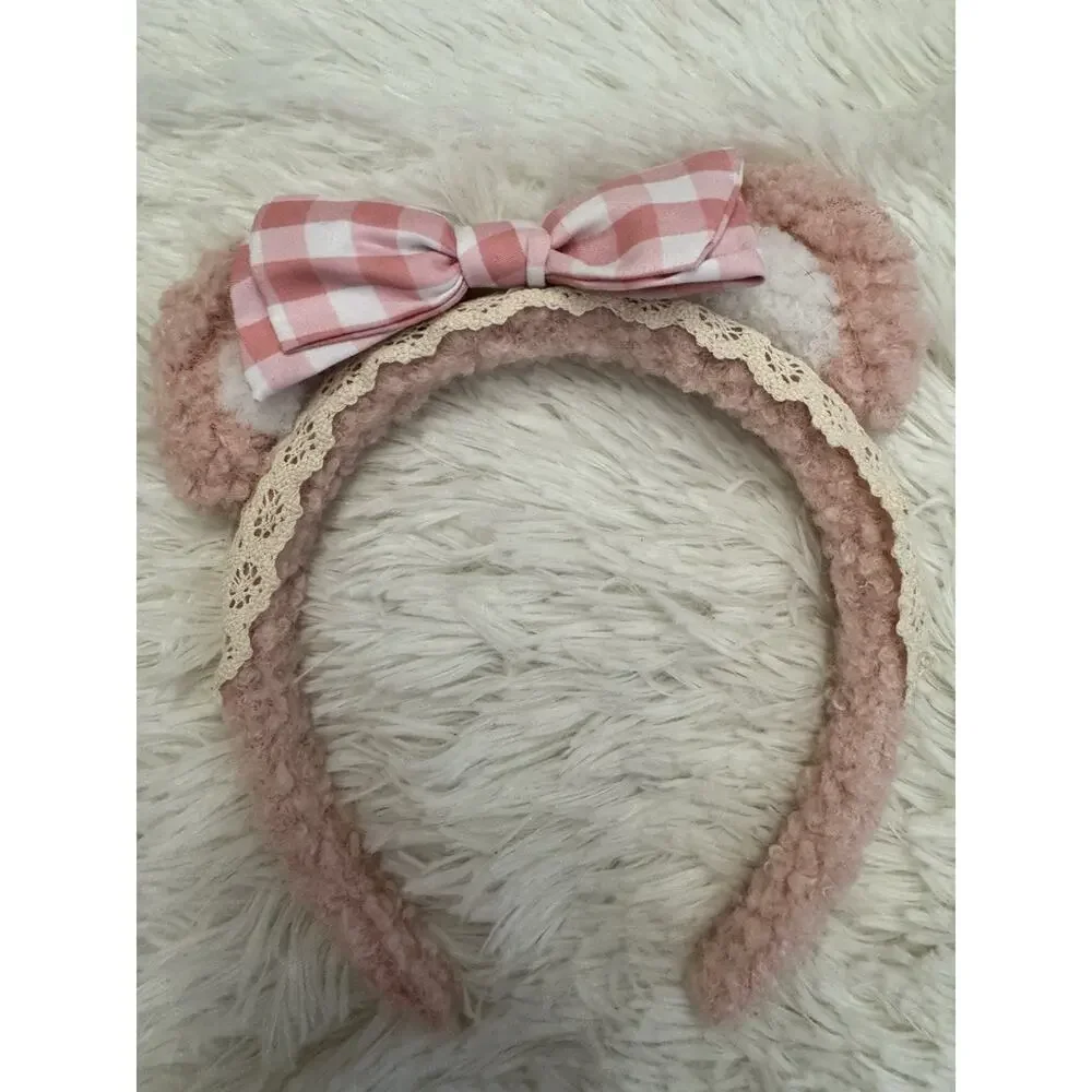 Pink Bear Ears Headband Cosplay Fuzzy Head Band Makeup Spa Costume
